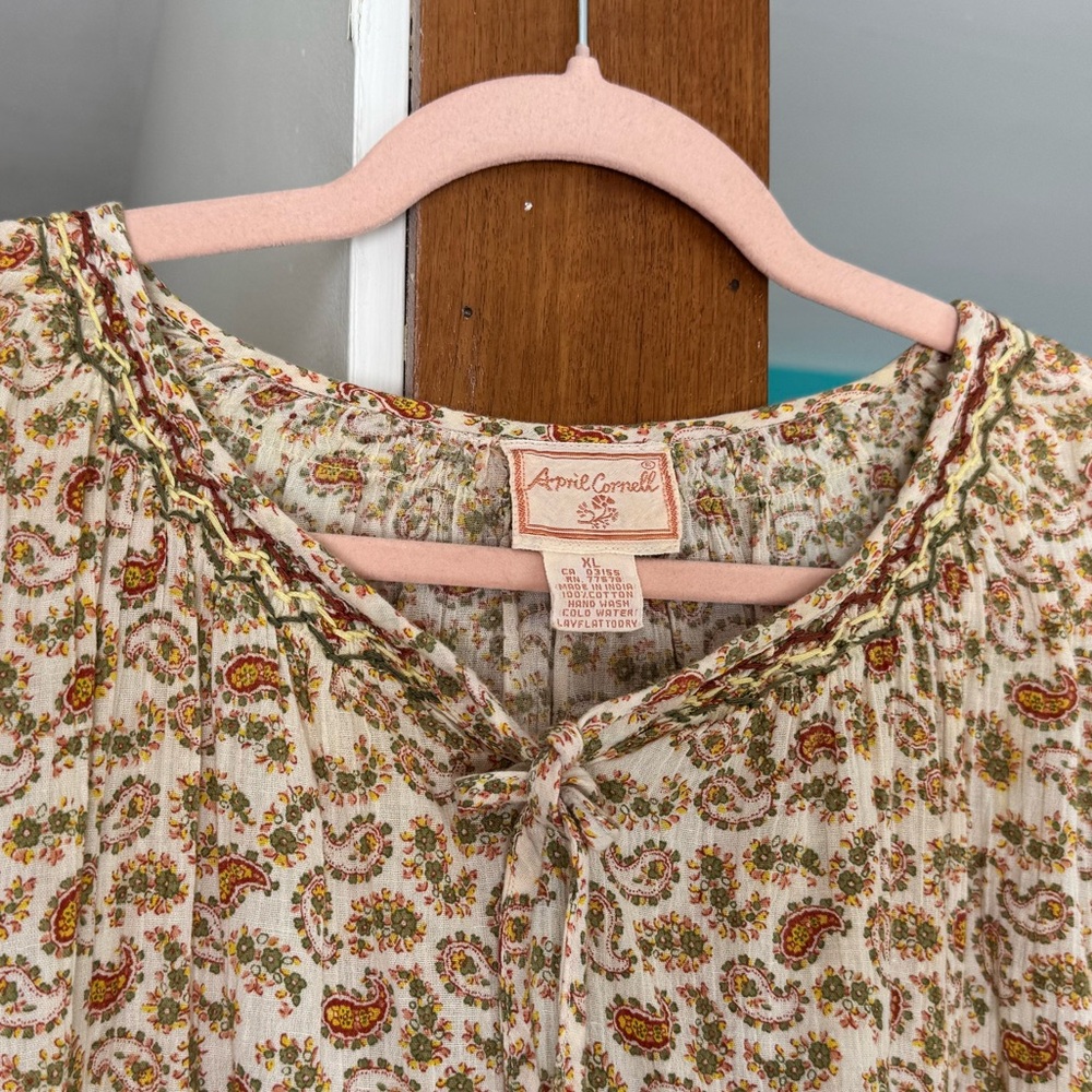 April Cornell Cream, Orange & Green Paisley Blouse with Embroidery - Picture 2 of 4